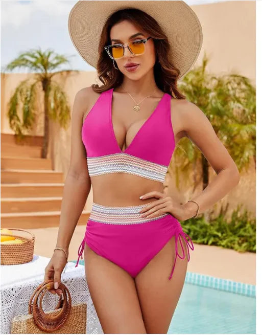 Women's High Waist Color Block Bikini Set With Drawstring Detail