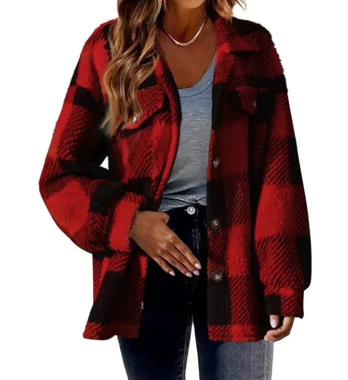 Plush Plaid Womens Autumn And Winter Open Button Lapel Thermal Plaid Pattern Jacket