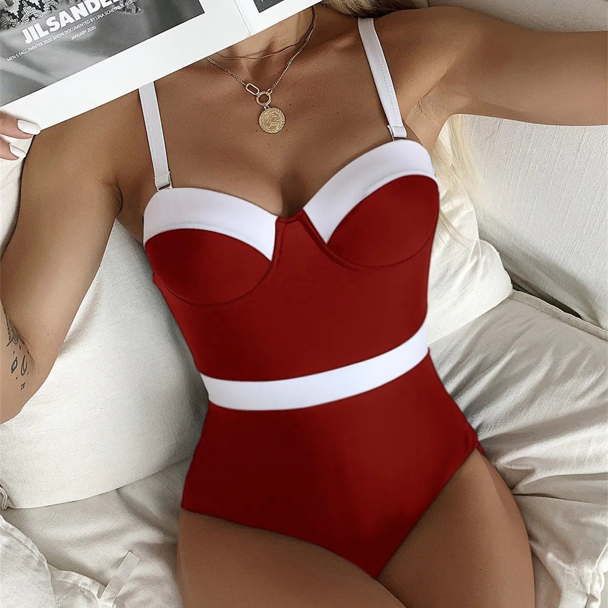 Women's Contrast Color Push Up Fashion One Piece Bikini