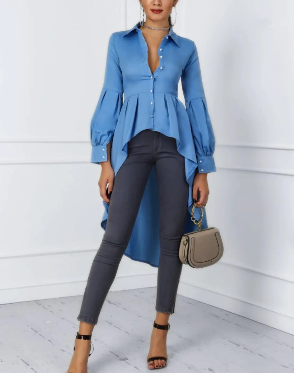 Women's Solid Color Lantern Sleeve Tail & Button Shirt Dress