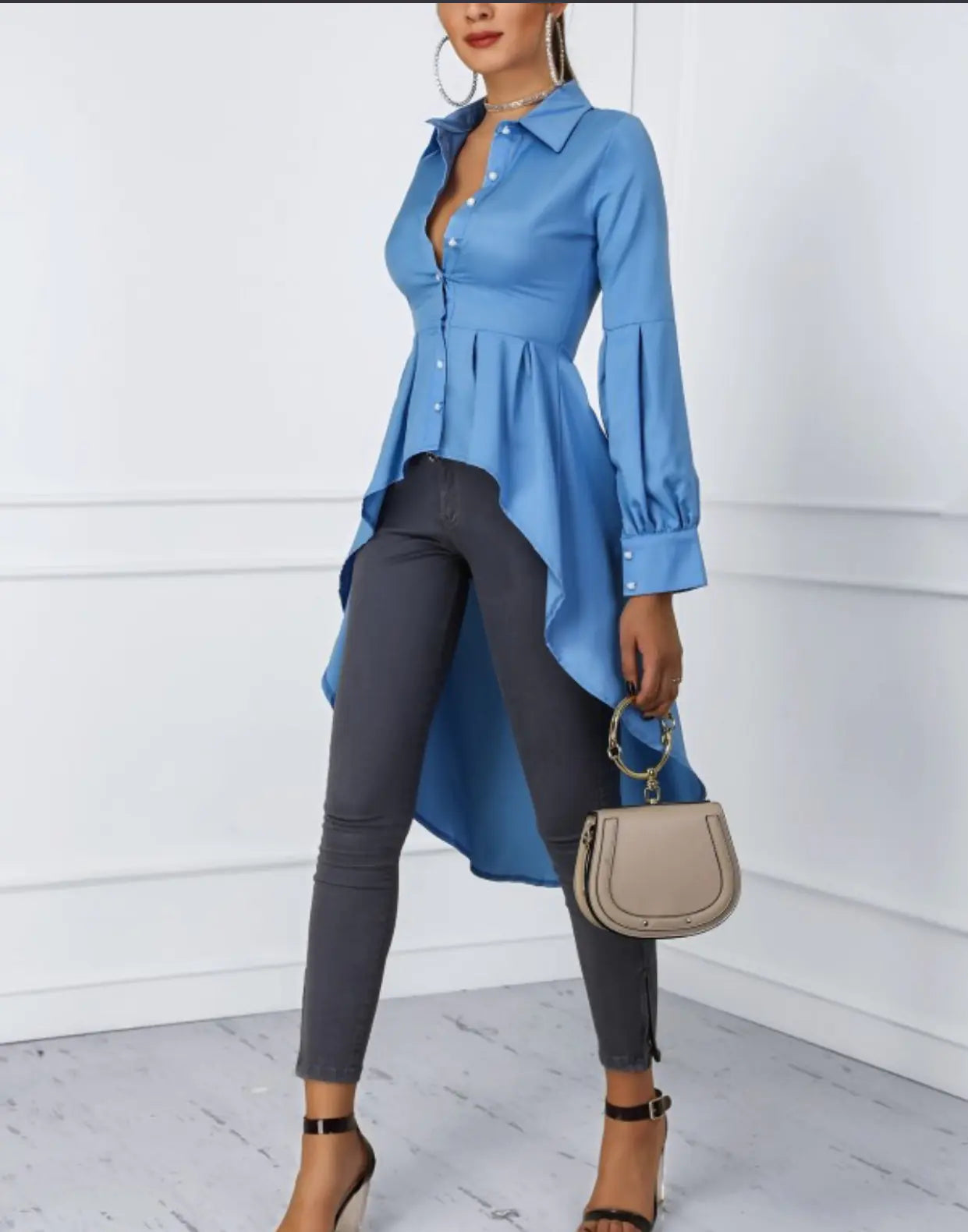Women's Solid Color Lantern Sleeve Tail & Button Shirt Dress