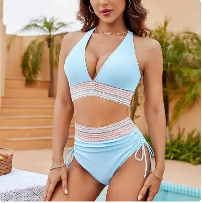 Women's High Waist Color Block Bikini Set With Drawstring Detail