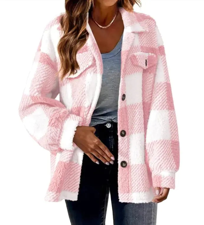 Plush Plaid Womens Autumn And Winter Open Button Lapel Thermal Plaid Pattern Jacket
