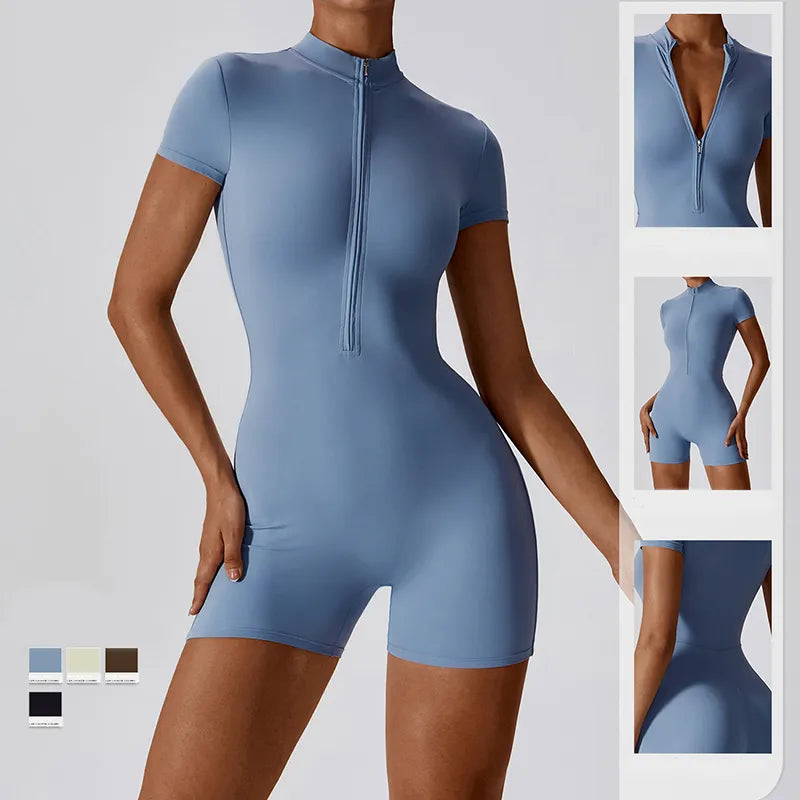 Women's Zipper Short Sleeve Yoga Jumpsuit
