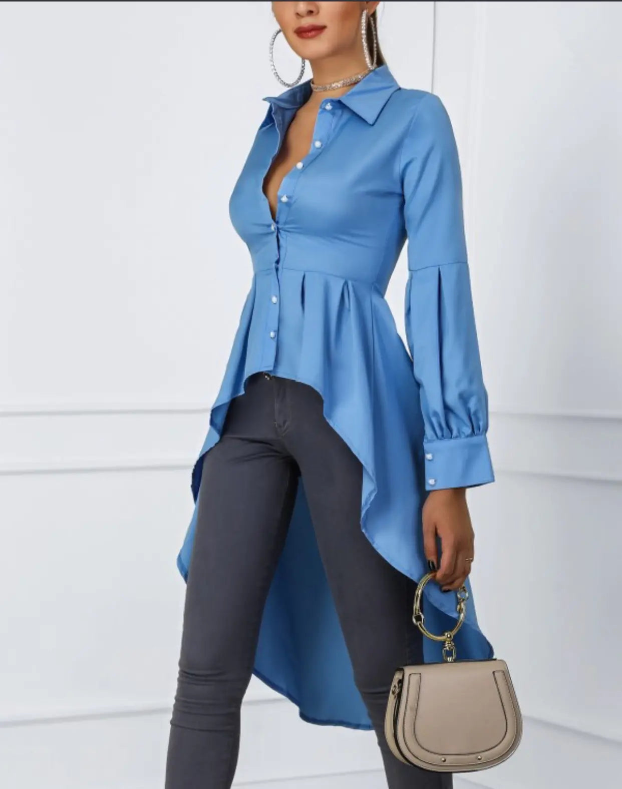 Women's Solid Color Lantern Sleeve Tail & Button Shirt Dress
