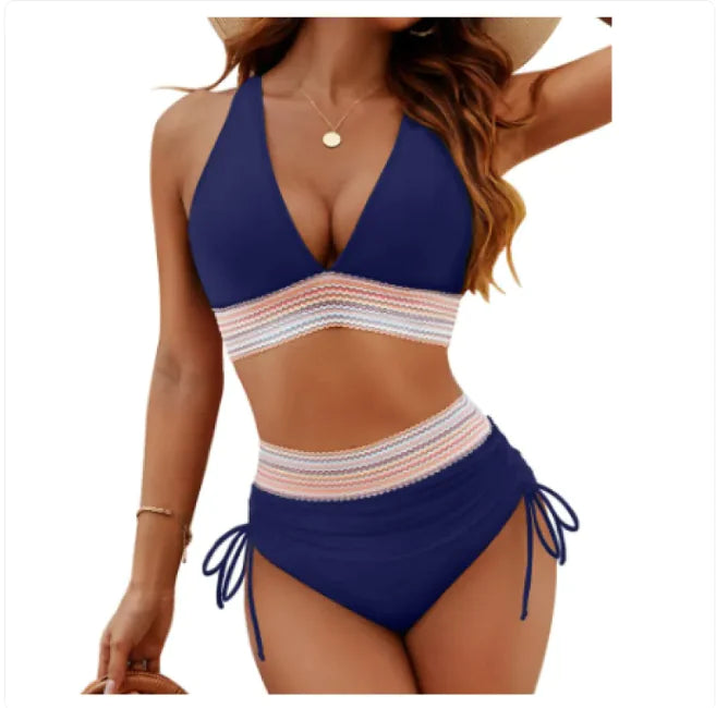 Women's High Waist Color Block Bikini Set With Drawstring Detail