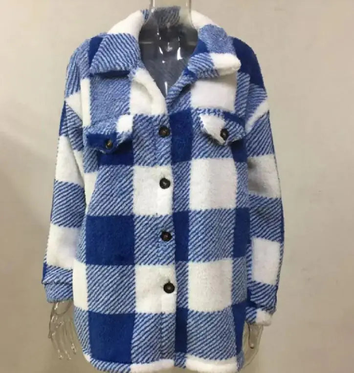 Plush Plaid Womens Autumn And Winter Open Button Lapel Thermal Plaid Pattern Jacket