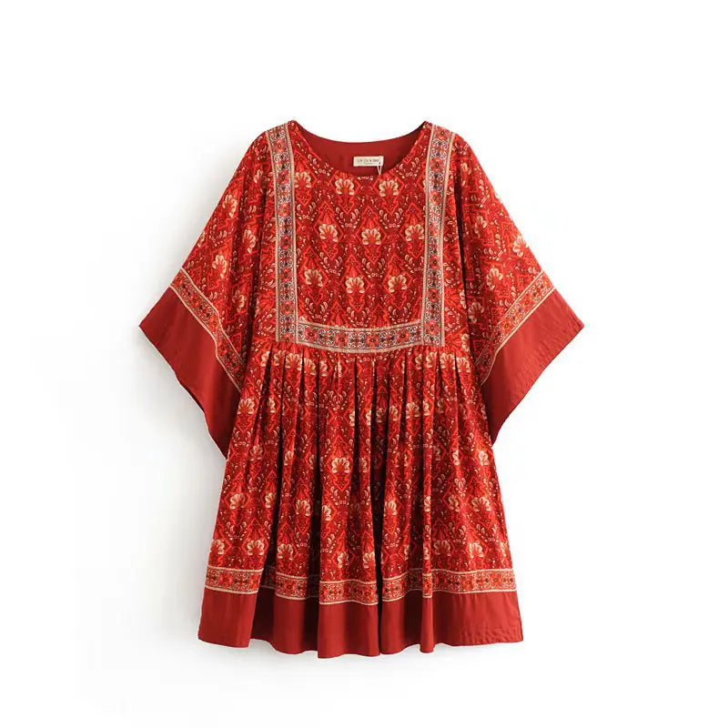 Women's Red Vintage High Waist Bohemian Maxi Beach Dress
