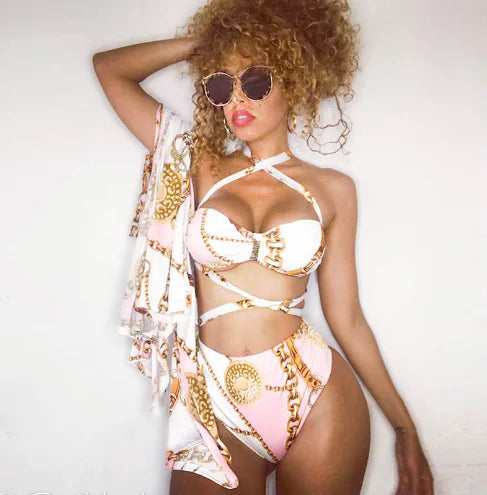 Women's High Waist Sexy Bikini Swimsuit with Cross Straps - One Set