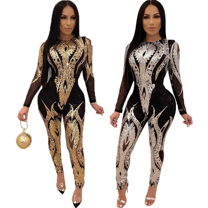 Women's Sequin Long Sleeve Sheer Jumpsuit