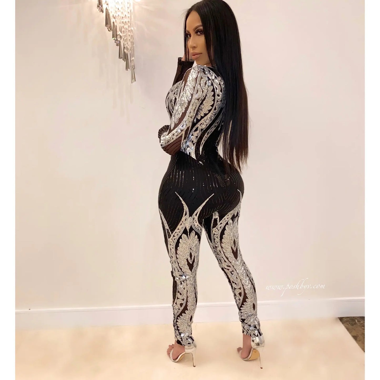 Women's Sequin Long Sleeve Sheer Jumpsuit