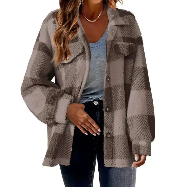 Plush Plaid Womens Autumn And Winter Open Button Lapel Thermal Plaid Pattern Jacket