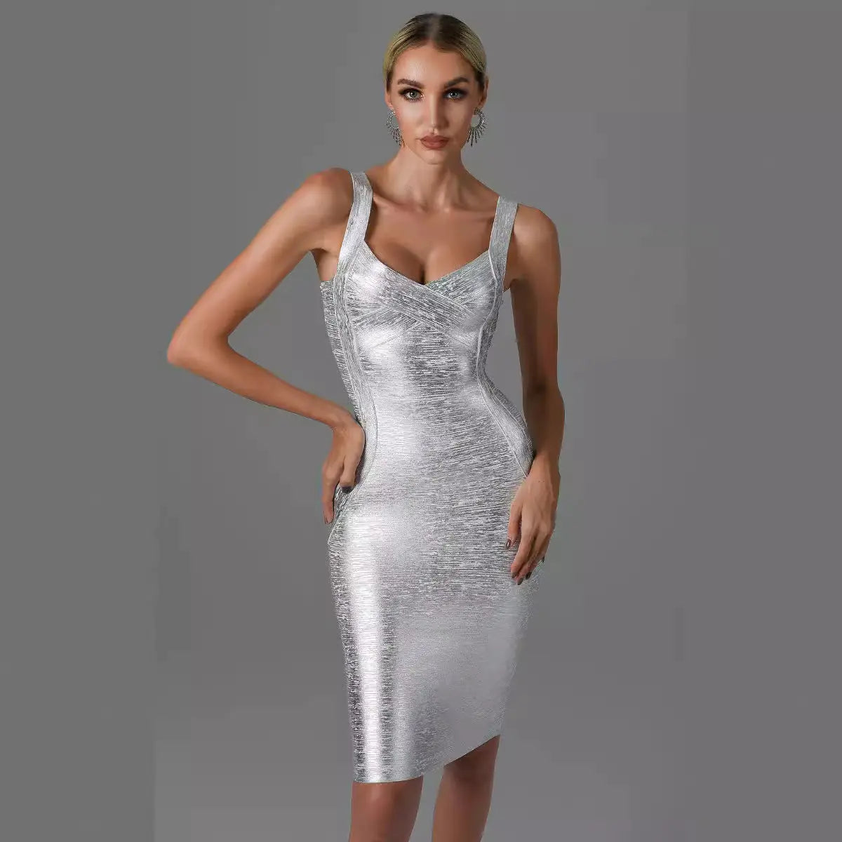 Women's Gold & Silver Foil Bandage Sleeveless Party Dress