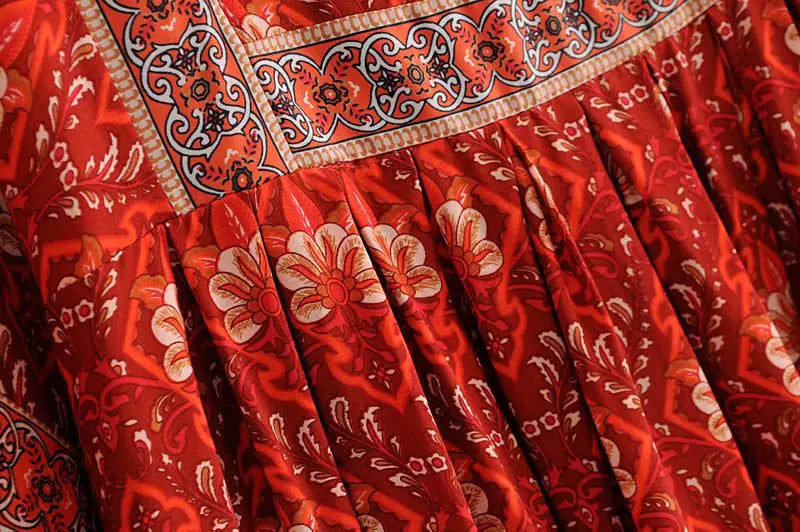 Women's Red Vintage High Waist Bohemian Maxi Beach Dress