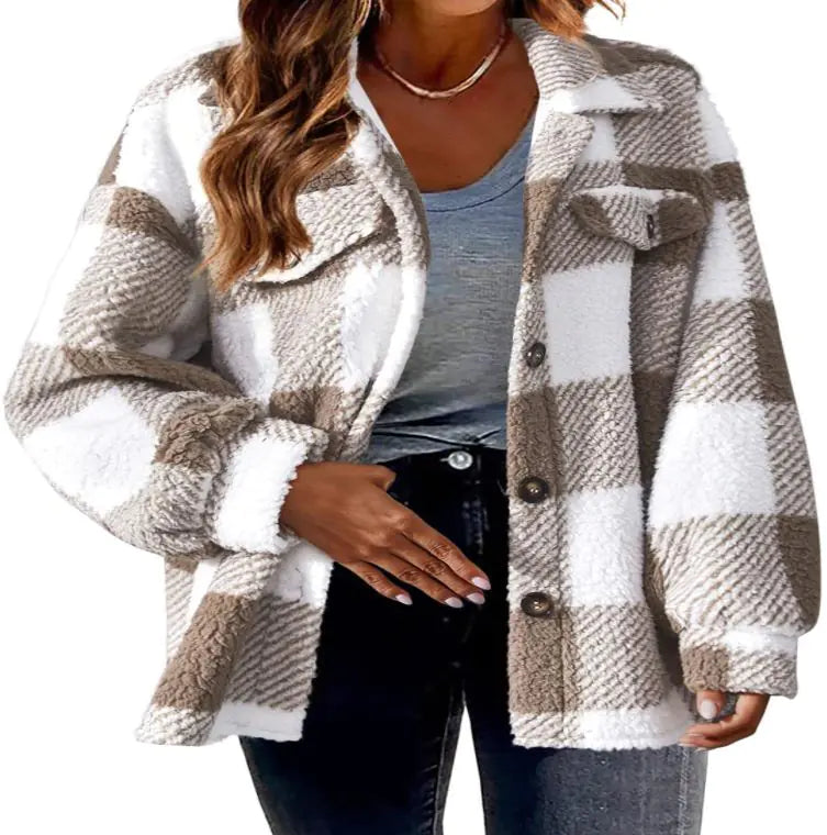 Plush Plaid Womens Autumn And Winter Open Button Lapel Thermal Plaid Pattern Jacket