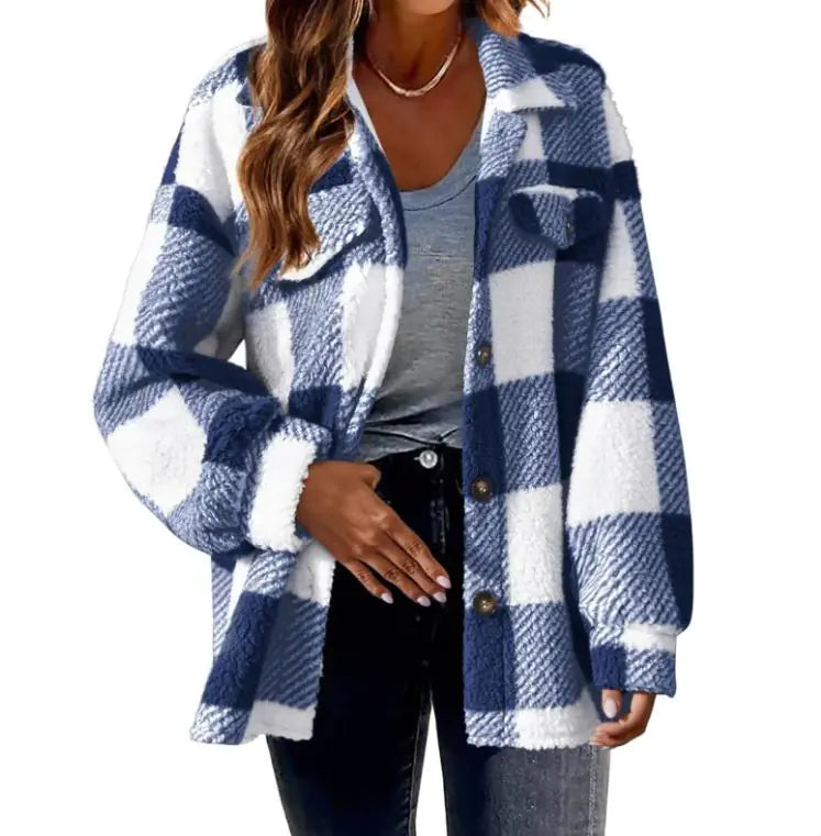 Plush Plaid Womens Autumn And Winter Open Button Lapel Thermal Plaid Pattern Jacket