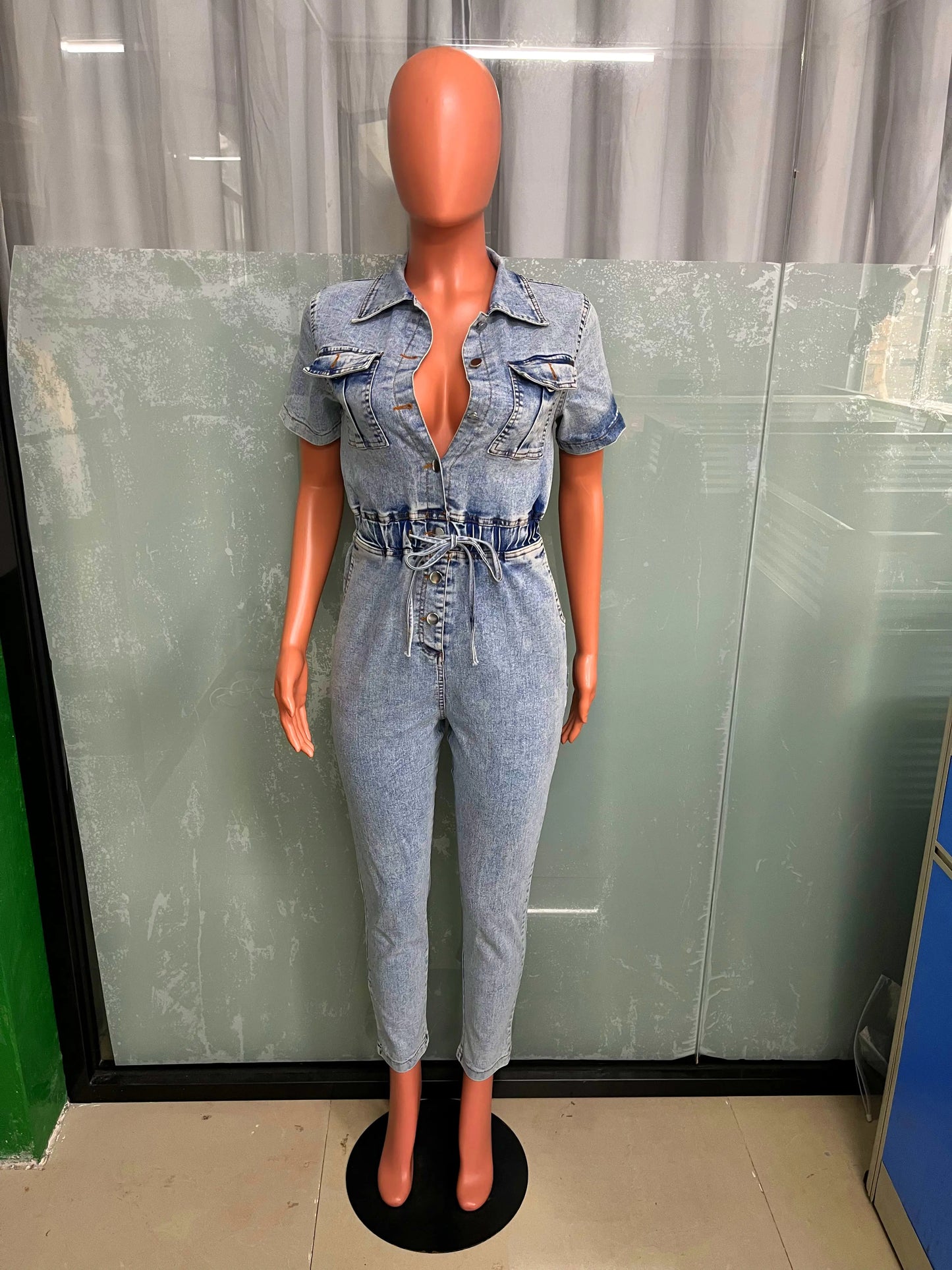 Women's Elegant Blue Denim Stretch Jumpsuit