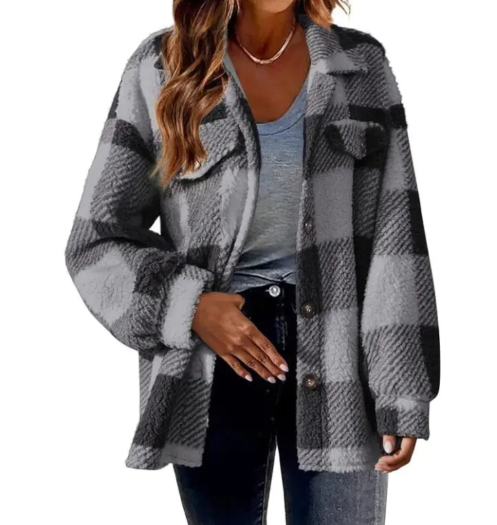 Plush Plaid Womens Autumn And Winter Open Button Lapel Thermal Plaid Pattern Jacket