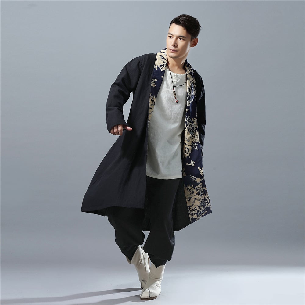 Chinese Style Cotton Linen Printed Robe ILLUSION CO Black / Plus fleece M