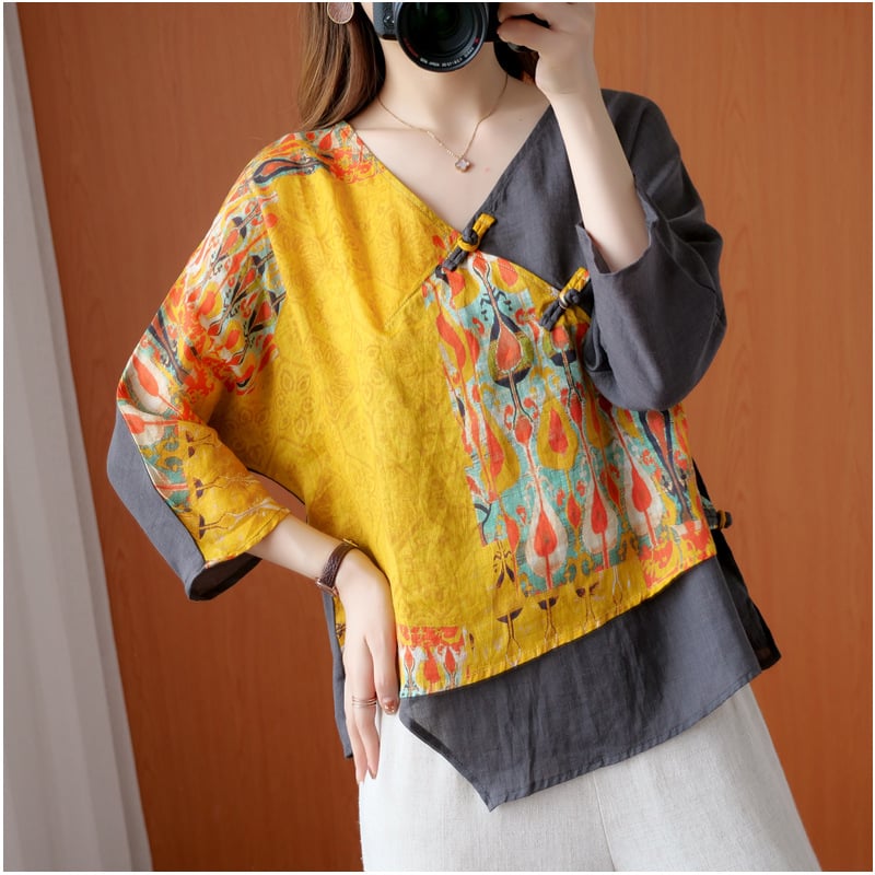 Women's Retro Printed Diagonal Ramie Buttoned Shirt