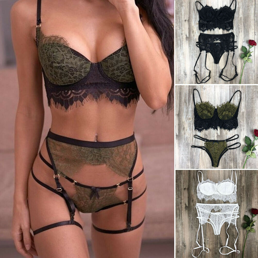 Women's Lace Panel Sexy Three Piece Lingerie Set