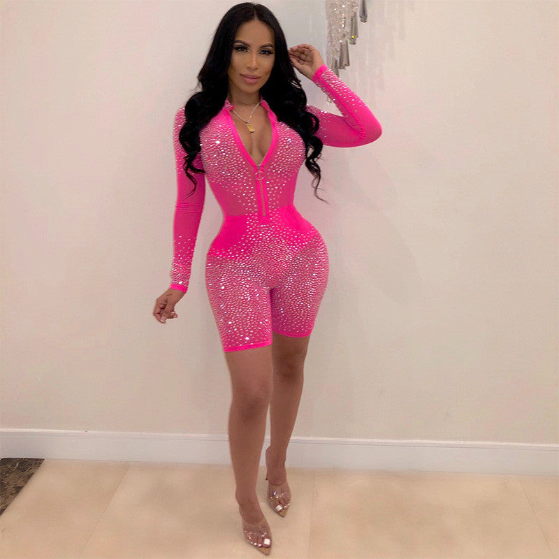 Women's Sexy Long Sleeve Rhinestone Mesh Jumpsuit