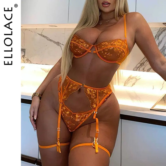 Ellolace Orange Lace Embroidery Lingerie Set Sexy Transparent 3 Piece Mesh Bra & Shorts