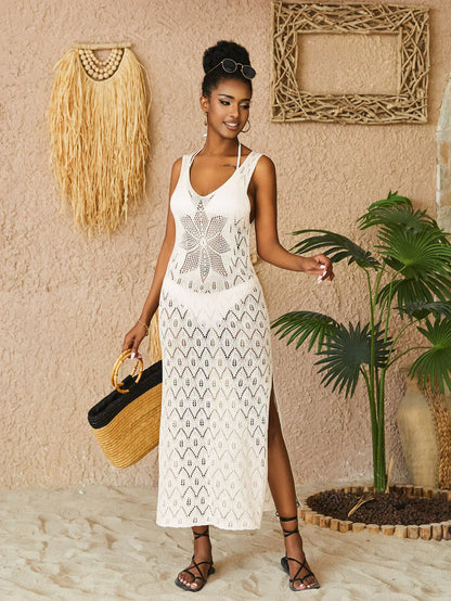 Women's Hollow Knit Vest Dress Beach Cover Up Maxi Dress