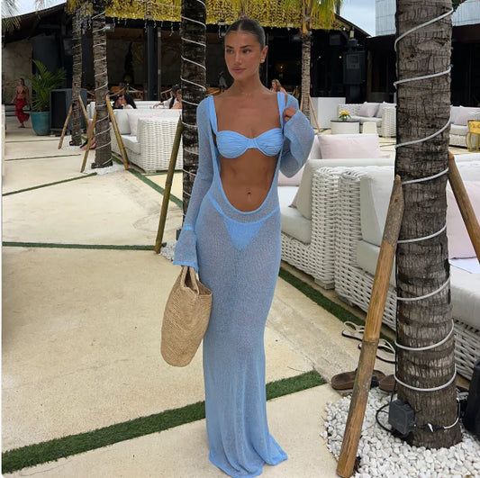 Women's Sheer Backless Knitted Dress Set (Dress + Top + Pants)