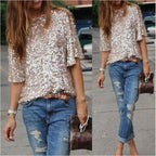 Women's Stylish Sequin Off Shoulder T Shirt