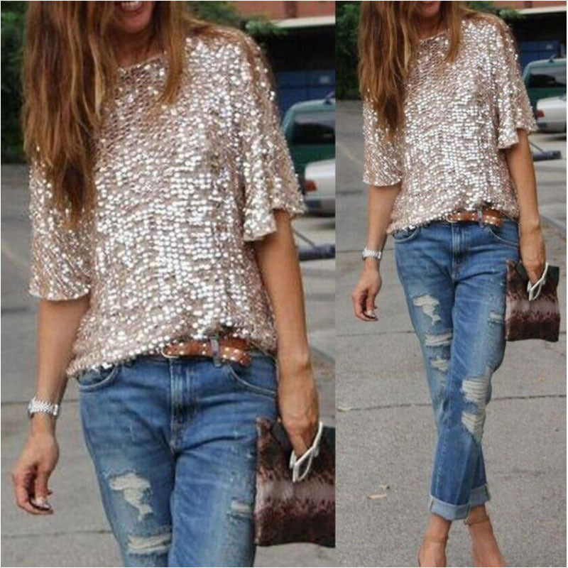 Women's Stylish Sequin Off Shoulder T Shirt