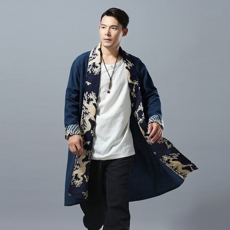 Chinese Style Cotton Linen Printed Robe ILLUSION CO Navy Blue / Plus fleece XL