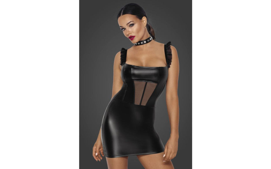 Noir Handmade Power Wetlook Short Dress With Front Tulle Inserts Black Large Noir Handmade