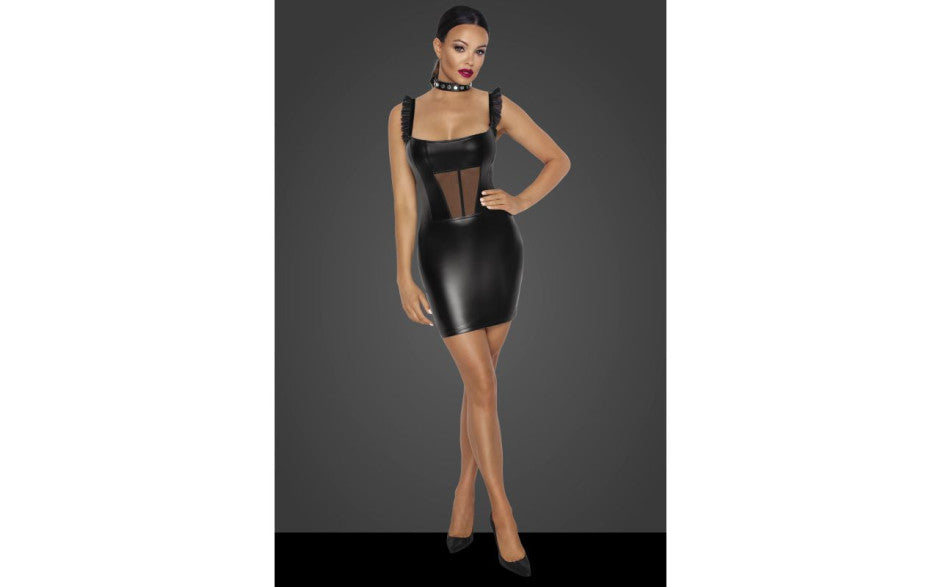 Noir Handmade Power Wetlook Short Dress With Front Tulle Inserts Black Large Noir Handmade