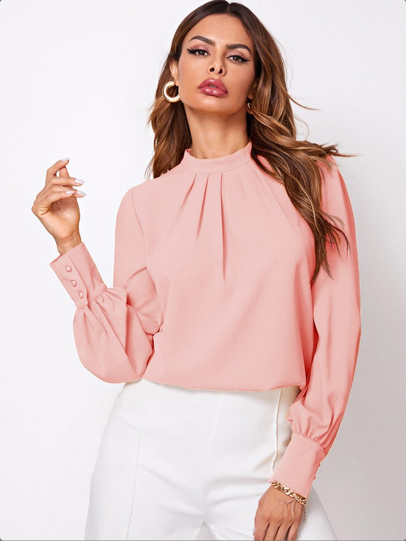 Women's Pleated Stand Collar Chiffon Shirt Women's Tops & T-shirt Unbranded Pink XS