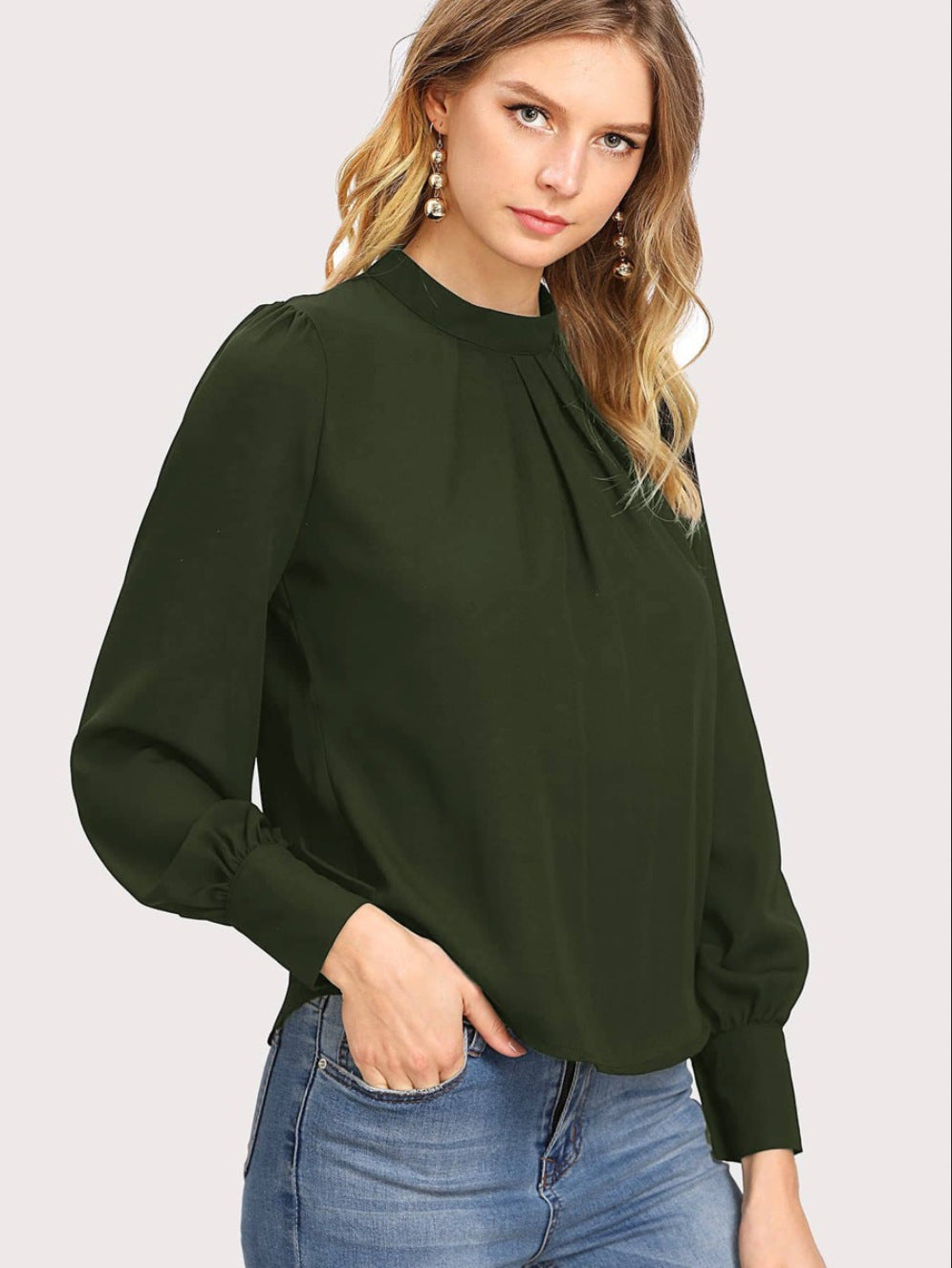 Women's Pleated Stand Collar Chiffon Shirt Women's Tops & T-shirt Unbranded Army Green XS