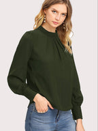 Women's Pleated Stand Collar Chiffon Shirt Women's Tops & T-shirt Unbranded Army Green XS