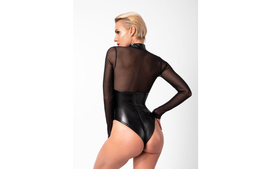 Noir Handmade Edge Wetlook and Mesh Bodysuit With Rings Black Medium Noir Handmade