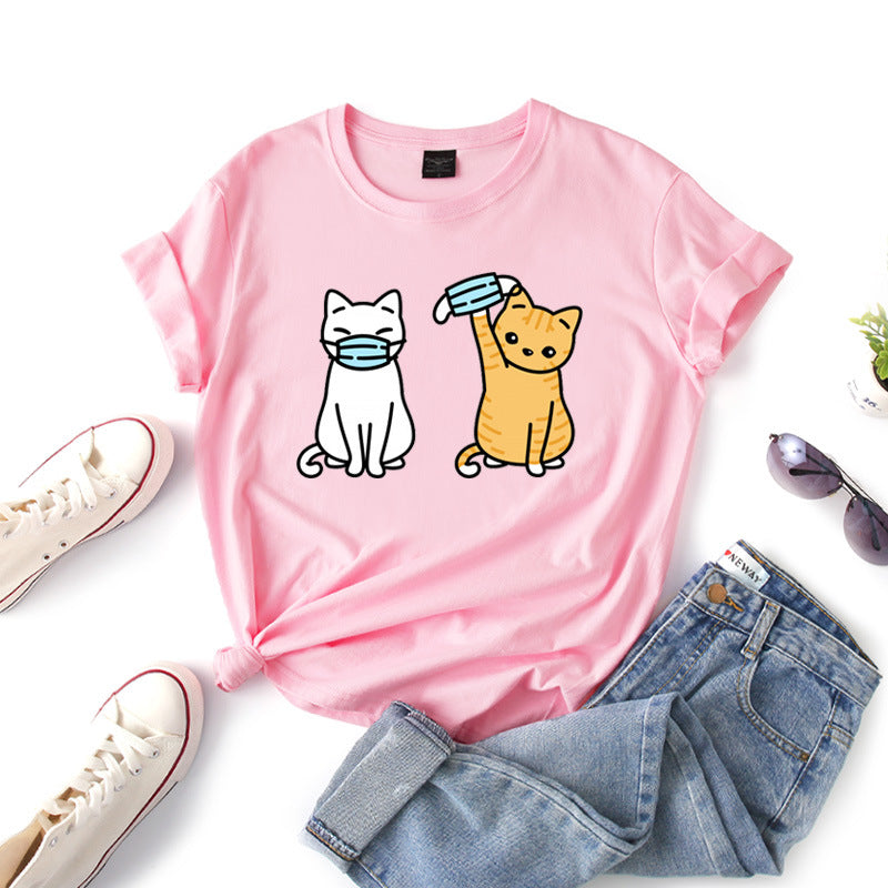 Women's Cartoon Cat Short Sleeve T Shirt