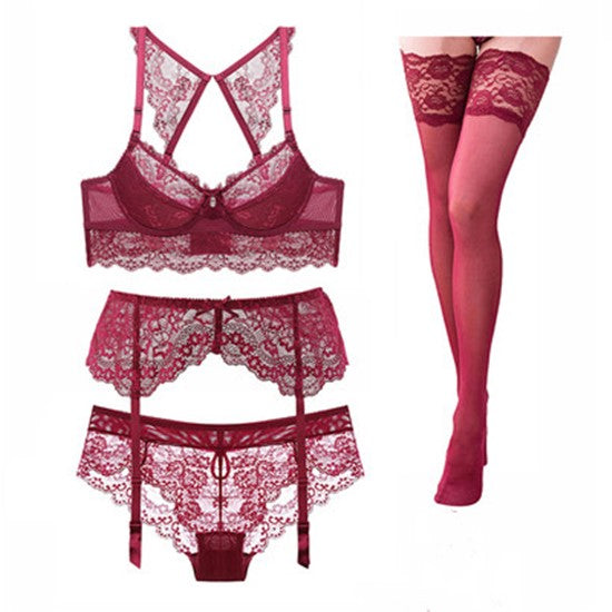 Women's Lace Lingerie Set With Stockings Women's Lingerie Unbranded Red S(32BCD 34A)