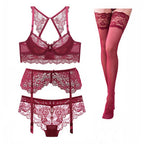 Women's Lace Lingerie Set With Stockings Women's Lingerie Unbranded Red S(32BCD 34A)