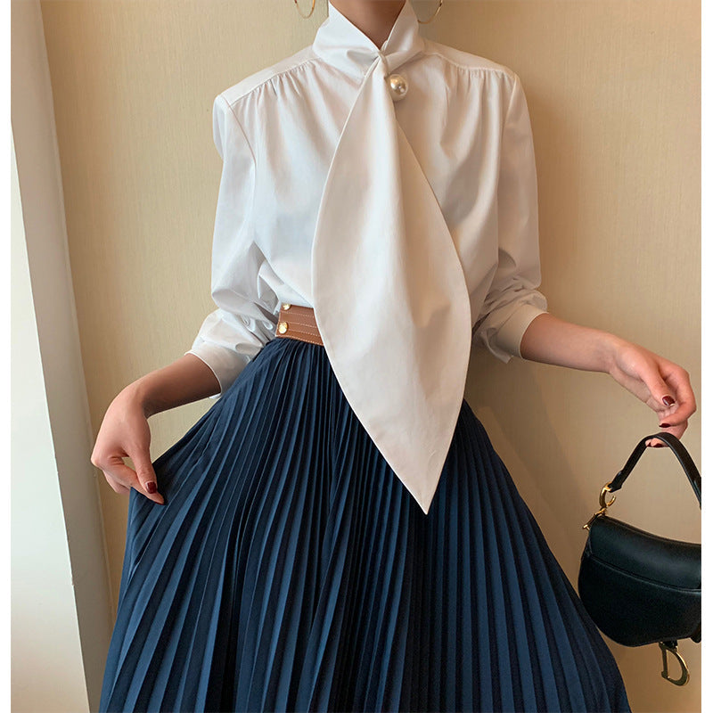 Women's Pearl Scarf Collar White Shirt