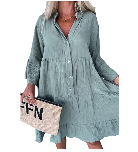 Women's Solid Color Pleated Shirt Dress