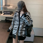 Women's Zebra Print Knitted Cardigan - Loose V-Neck