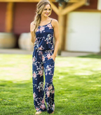 Women's Floral Jumpsuit, Loose Fit Long Pants, Strap Jumpsuit