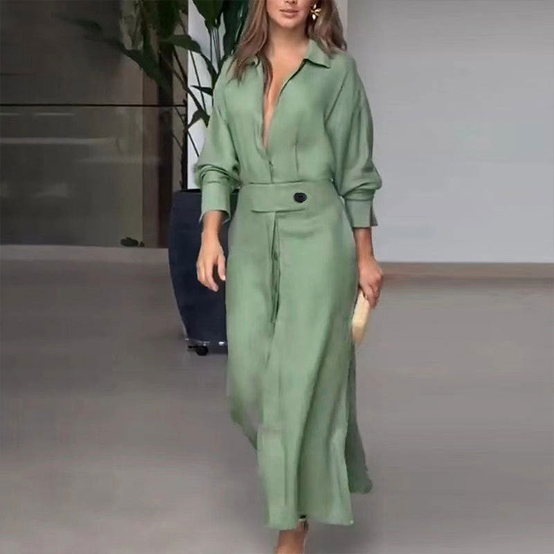 Women's Elegant Long Sleeved Waisted Shirt Dress