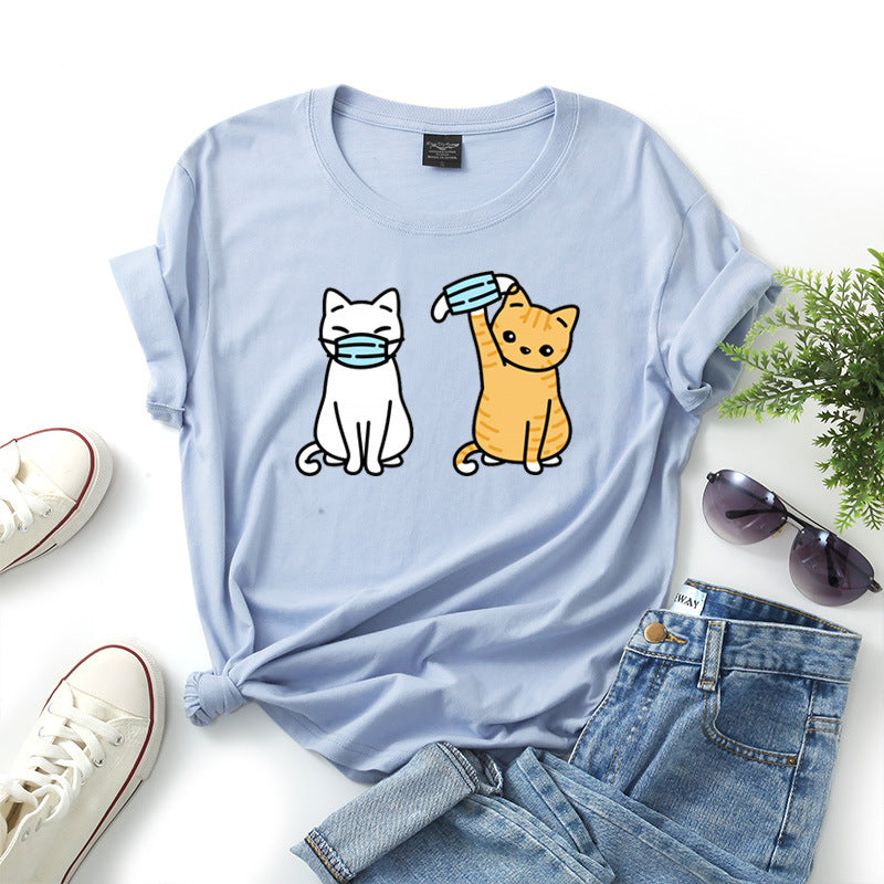 Women's Cartoon Cat Short Sleeve T Shirt