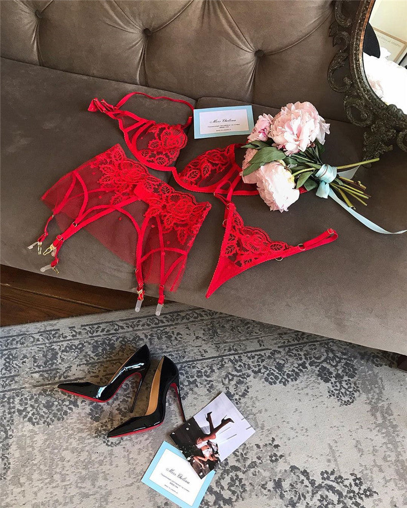 Women's Embroidered Floral Lace Lingerie Set 3 Pieces Women's Lingerie Unbranded