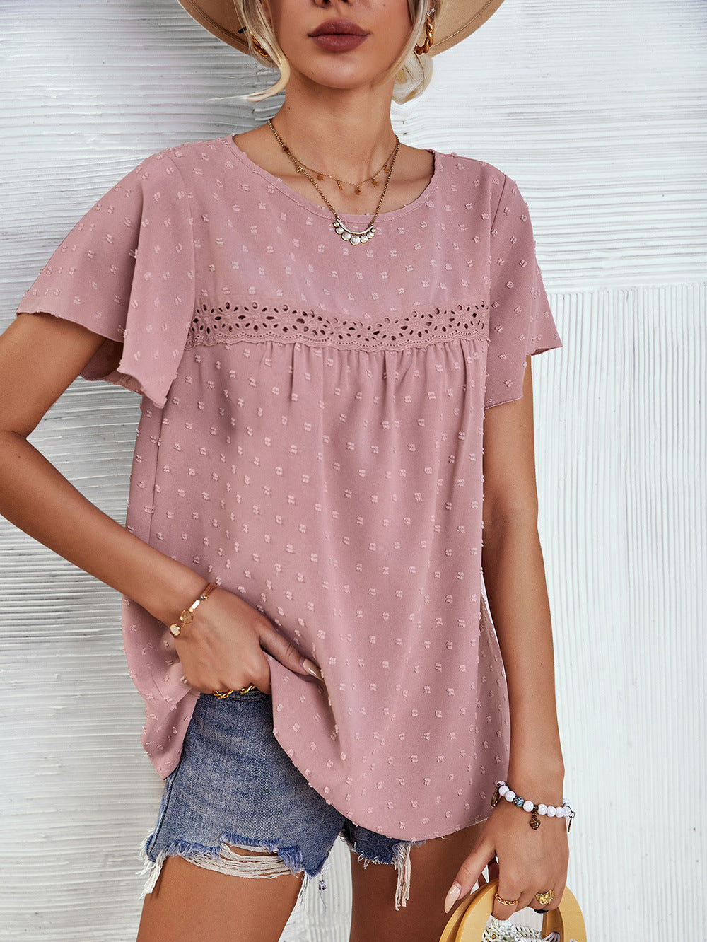 Women's Solid Color Lace Babydoll Short Sleeve Tops