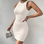 Sleeveless Round Neck Pleated Slim-fit Sheath Dress